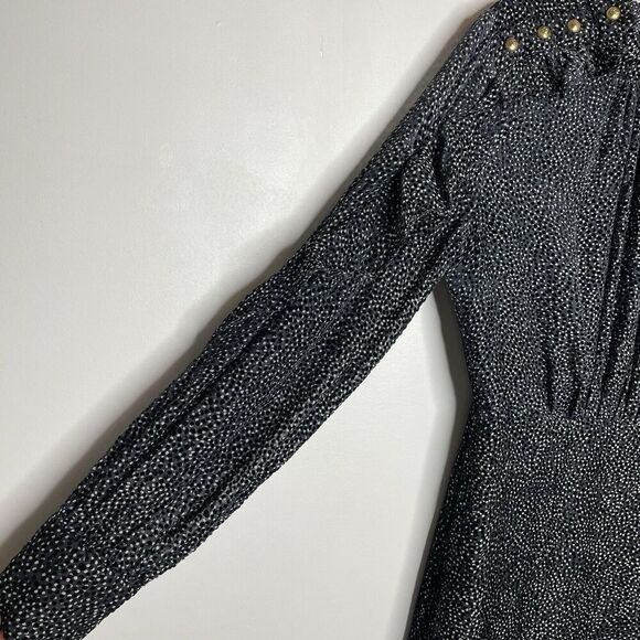 PINKO Mini Dress Women 2 Black Gray Dot Long Sleeve Ruffle Trim Viscose Silk - Picture 5 of 15